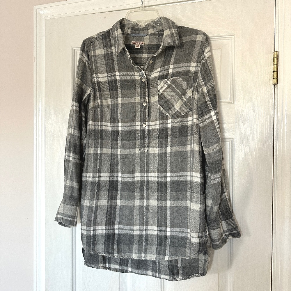 Merona Womens Plaid Half Button Down Grey & White Flannel Large
